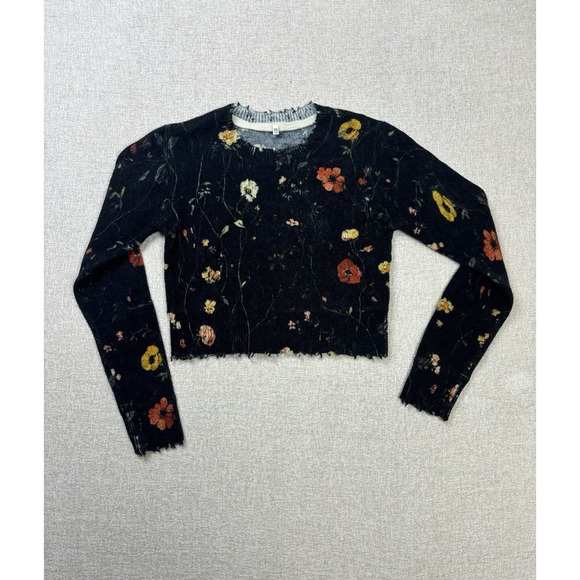 R13 Womens Merino Wool Distressed Florar Crop Top Sweater Size Medium / M Black